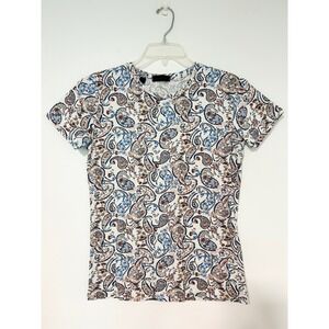 Saks Fifth Avenue Womens Paisley Floral Cotton Jersey T-Shirt White Blue Size M